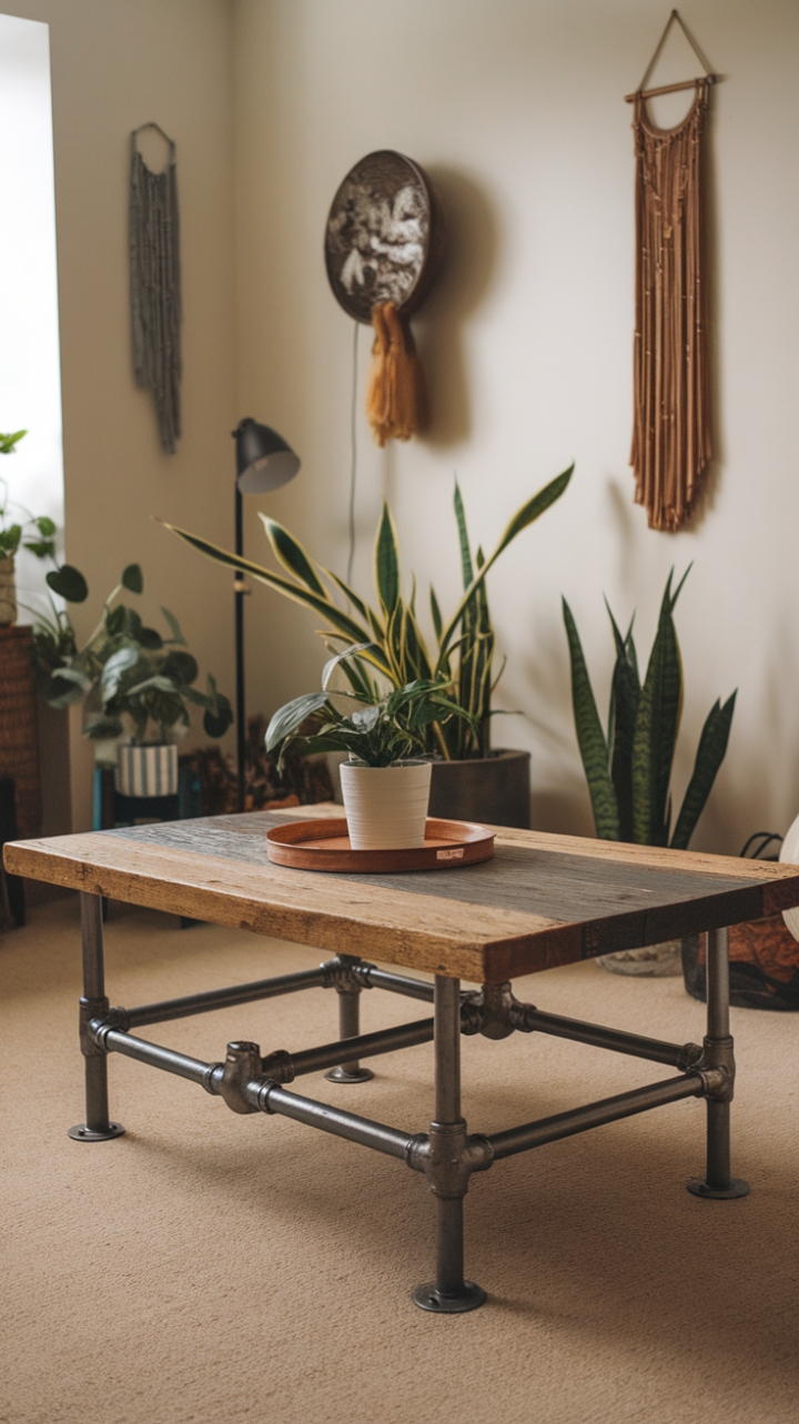 Ready to infuse your space with raw, urban charm? This vintage industrial coffee table, boasting a reclaimed wood top and exposed pipe metal frame, anchors a minimalist haven with rustic warmth. The rich wood grain sings against the neutral carpet, while the subtle pops of greenery add a touch of life.
