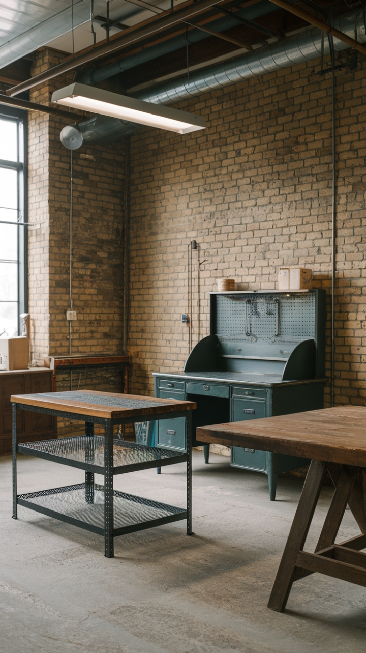 Ready to unleash your inner artist in a space that's as raw as it is refined? This vintage industrial loft, with its exposed brick, reclaimed wood accents, and a symphony of textures—from the cool metal workbench to the warm wooden desk—is a haven for creativity. The concrete floor and industrial lighting only add to the captivating charm.