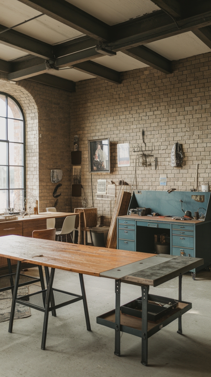 Exposed beams and brick walls set the stage for a vintage industrial workspace that's both functional and fiercely stylish. Reclaimed wood, steel accents, and a curated collection of vintage pieces create a space that's as inspiring as it is inviting.