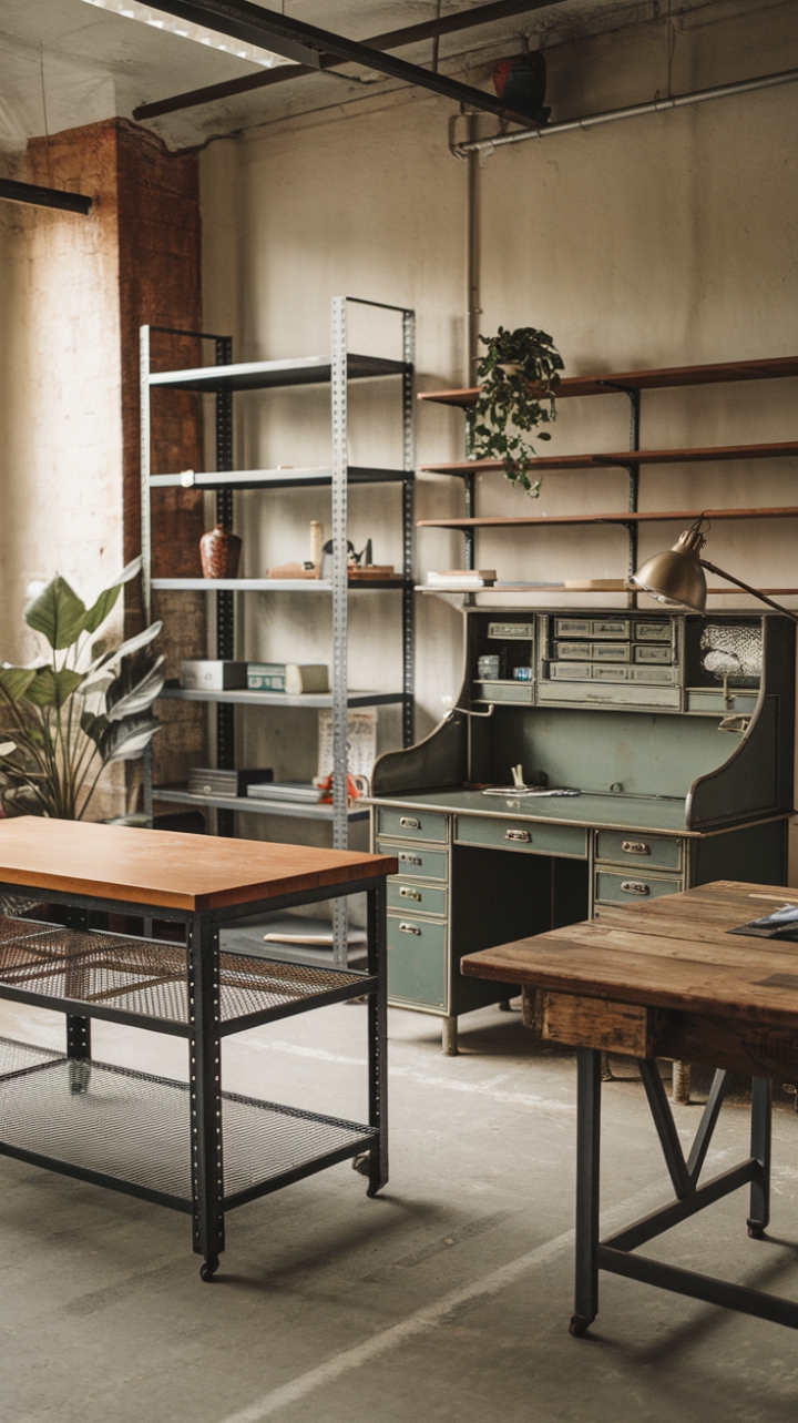 Imagine crafting your next masterpiece in this inspiring haven. The juxtaposition of vintage finds – a weathered workbench, a striking green desk, and a sturdy reclaimed wood table – against the backdrop of exposed brick and steel shelving creates a space that's both functional and breathtakingly stylish. The warm glow of the lamp and the touch of greenery soften the industrial edge, resulting in a truly unique and captivating workspace.
