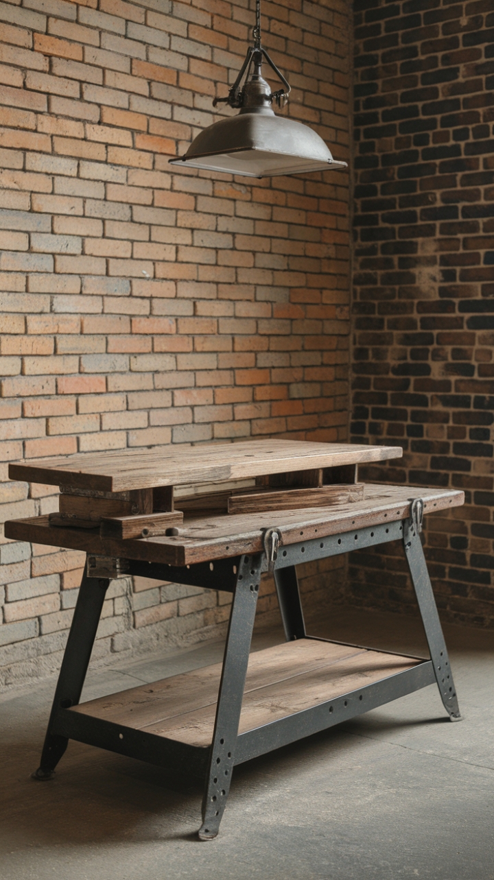 Raw, reclaimed wood meets rugged steel in this vintage industrial worktable, its weathered patina a testament to time and craft. The exposed brick backdrop and vintage pendant light only amplify its gritty charm, perfect for a workspace brimming with character.