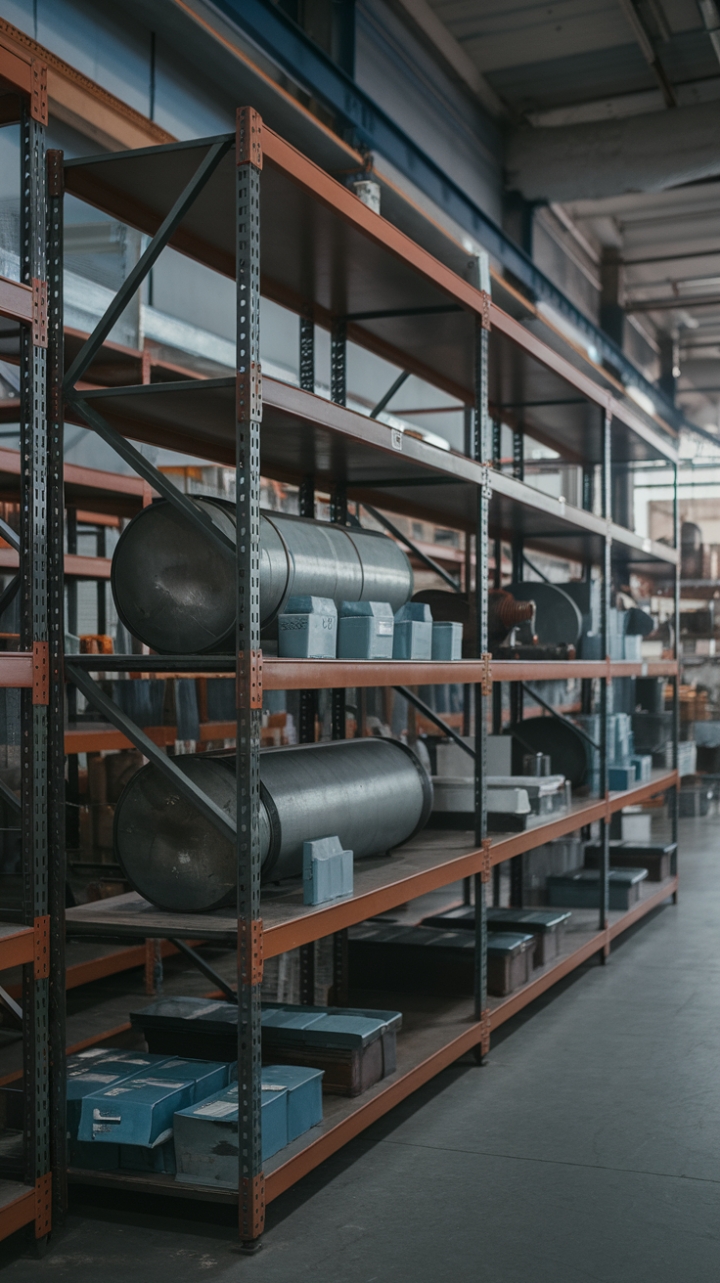 Love the look of reclaimed industrial spaces? This heavy-duty metal shelving unit isn't just storage; it's a statement piece. The aged steel, filled with carefully curated objects, creates a captivating display of organized chaos. Perfect for the modern industrialist.
