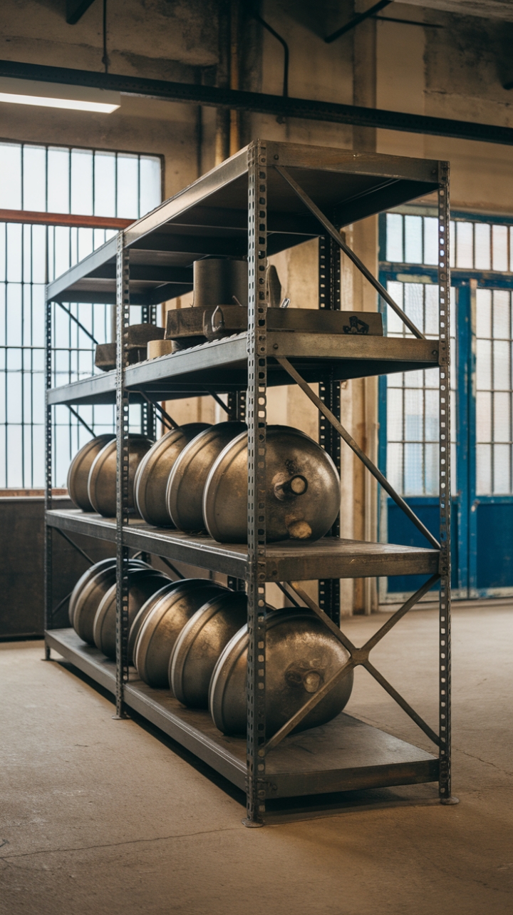 Ready to transform your space with raw, industrial chic? This vintage metal shelving unit, a titan of storage and style, commands attention in any setting. Its robust steel frame, layered with intriguing textures and objects, speaks volumes about character and curated collections. The warehouse backdrop only enhances its inherent rugged charm.