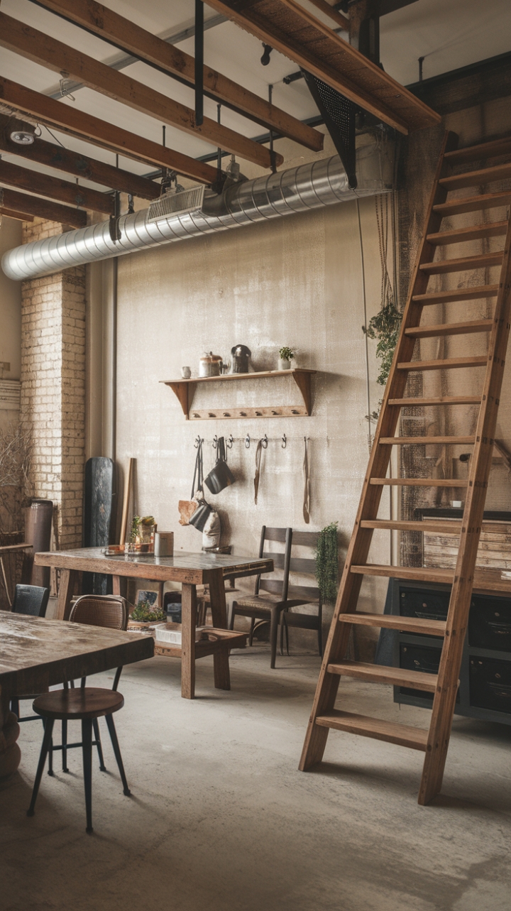 Rustic charm meets industrial edge in this breathtaking loft. Reclaimed wood whispers stories of the past, while exposed brick and metal accents add a contemporary twist. A vintage dining table anchors the space, promising cozy gatherings under the warm glow of ambient lighting. The concrete floor and wooden ladder only amplify the home's raw, lived-in beauty.
