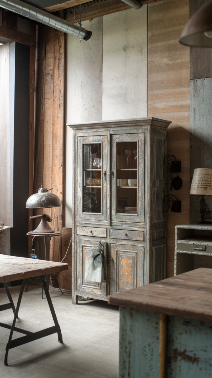 Imagine cozy evenings spent in this rustic industrial haven. Reclaimed wood and distressed finishes create an antique-inspired atmosphere, brimming with character and warmth. A vintage metal lamp casts a soft glow on a rustic wooden table, while a beautifully weathered cabinet adds a touch of vintage elegance. This space is a testament to the beauty of time-worn treasures and the art of comfortable living.