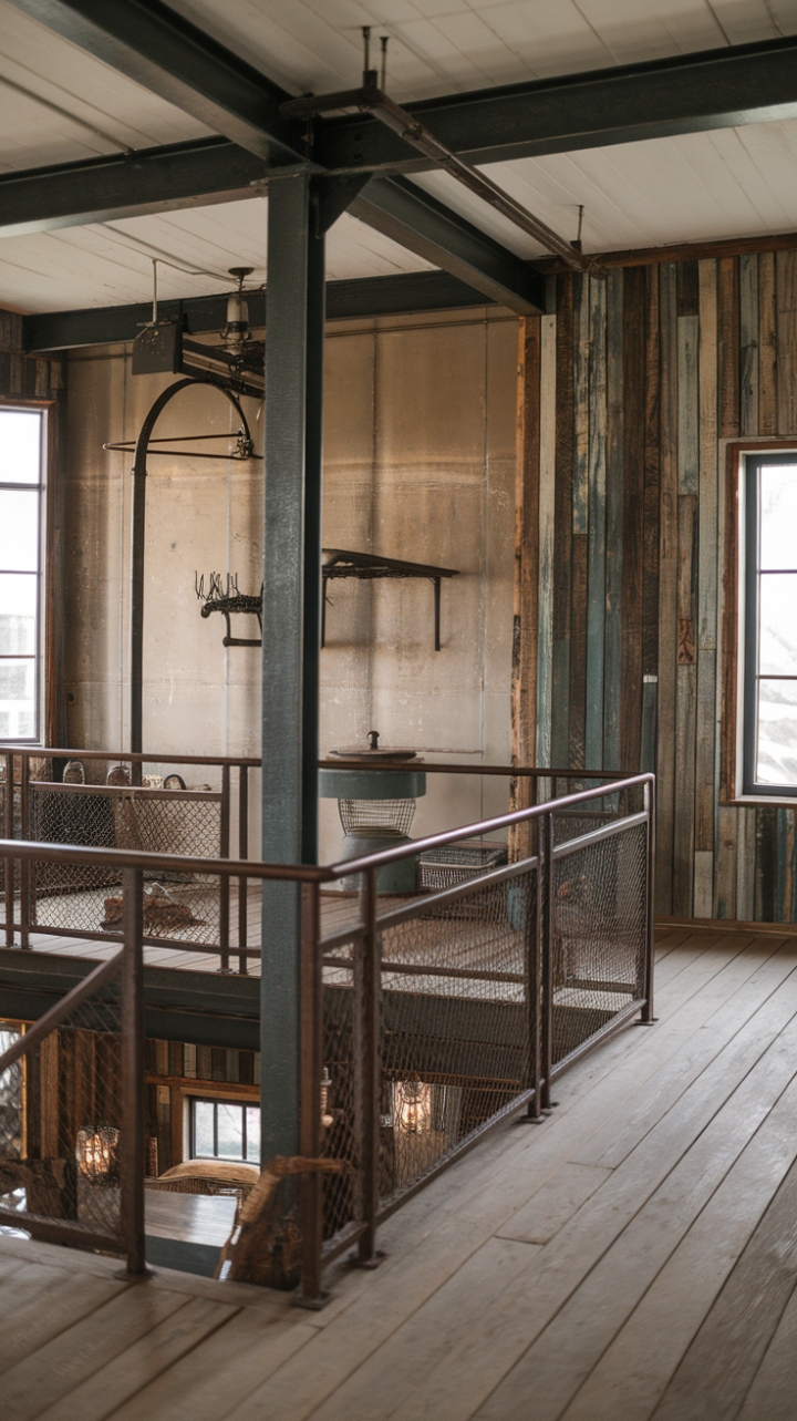 Imagine cozy nights in this rustic industrial farmhouse. Reclaimed wood and distressed walls whisper tales of time gone by, while metal accents—from a charming lantern to a practical pot rack—add a touch of modern grit. The wide plank wood floors and open loft design create a space that's both inviting and undeniably cool.