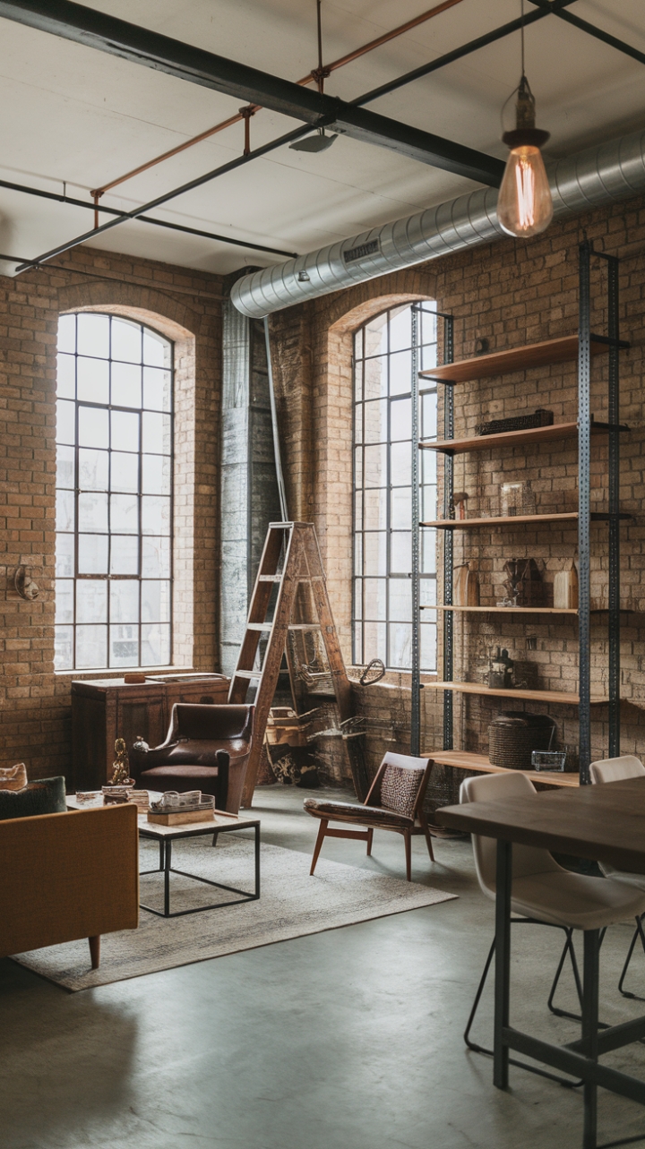 Ready to fall for raw, urban elegance? This industrial chic loft marries exposed brick and reclaimed wood with a minimalist touch, creating a space that's both lived-in and utterly captivating. The vintage light fixture and metal ladder add character, while the concrete floor grounds the design in its industrial roots.