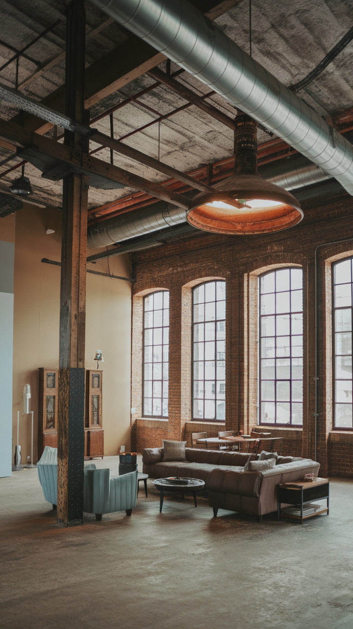 Ready to fall for raw, urban elegance? This industrial chic loft boasts exposed brick, soaring ceilings, and reclaimed wood beams, all softened by a plush sofa and minimalist furniture. The concrete floors and vintage industrial lighting add a touch of gritty charm.