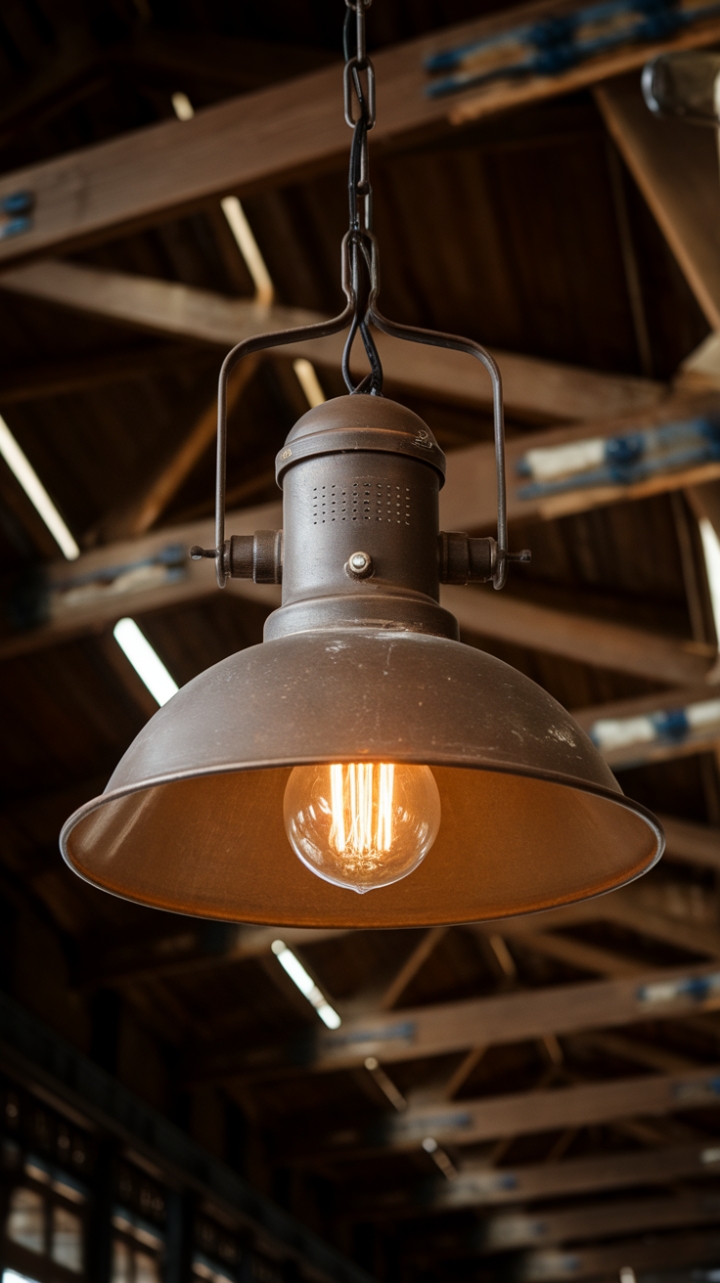 Ready to transform your space with raw, industrial charm? This vintage factory pendant, a symphony of rustic metal and exposed bulbs, casts a captivating glow against a backdrop of weathered wood beams. Its aged patina whispers tales of bygone eras, adding a touch of gritty elegance to any setting.