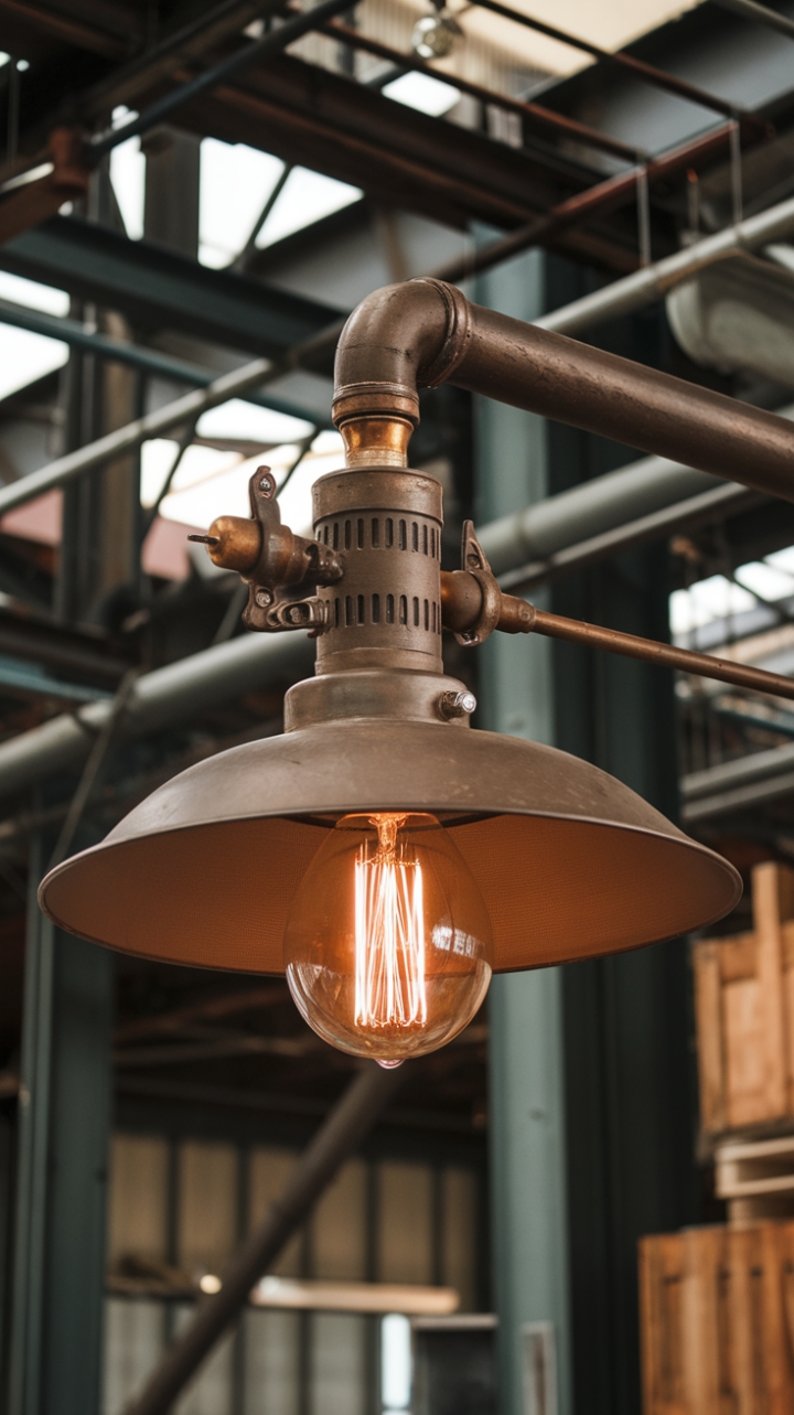 Ready to illuminate your space with raw, industrial chic? This vintage steampunk lamp, suspended from a high ceiling amidst exposed metalwork and aged wood, casts a captivating glow, transforming any room into a haven of urban artistry.