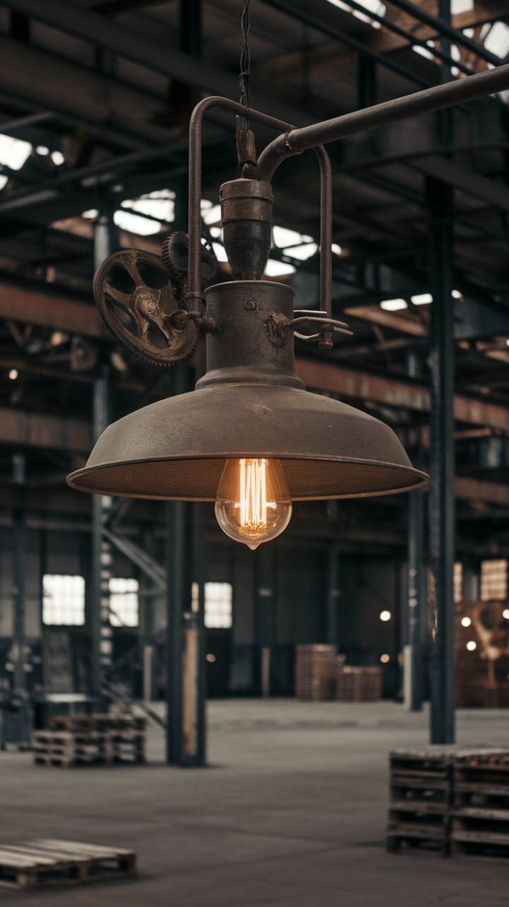 Ready to transform your space with raw, industrial chic? This vintage pendant, a symphony of repurposed metal and exposed bulbs, casts a captivating glow against a backdrop of weathered wood and steel beams. Its intricate gears and pipes whisper tales of a bygone era, adding character and a touch of gritty romance to any loft, studio, or even a surprisingly stylish kitchen.