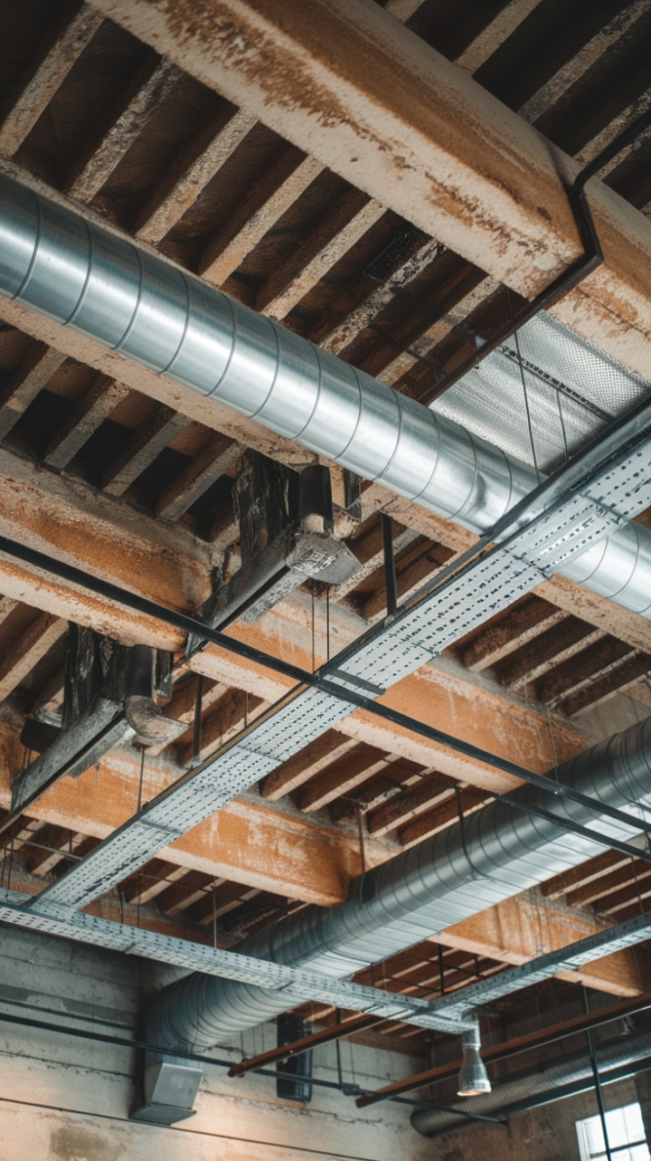 Fall head over heels for this breathtaking loft ceiling. A symphony of aged wood, industrial metal, and visible ductwork, it's a testament to raw, repurposed elegance. The perfect backdrop for a space brimming with character.