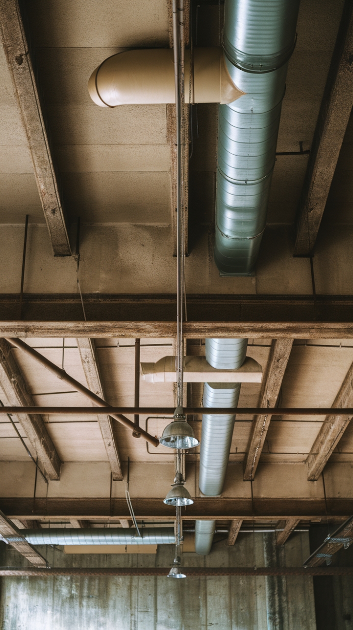 Unleash your inner urbanite with this breathtaking industrial ceiling. Exposed beams, weathered to perfection, intertwine with aged metal ductwork, forming a captivating tapestry of texture and time. The concrete's raw beauty completes this dramatic scene, a perfect backdrop for a space that's both bold and sophisticated.