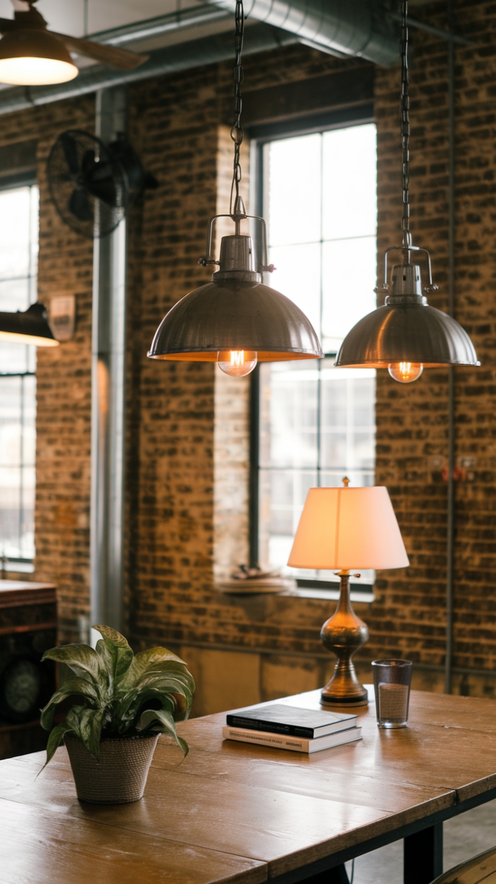 Industrial chic meets cozy comfort. Imagine evenings spent under the glow of vintage pendant lights, the gentle hum of an industrial fan a subtle soundtrack to your relaxation. This loft's exposed brick and metal pipes are softened by the rich tones of the wooden table and the inviting glow of the warm lighting, a testament to the beauty of blending contrasting textures and styles.
