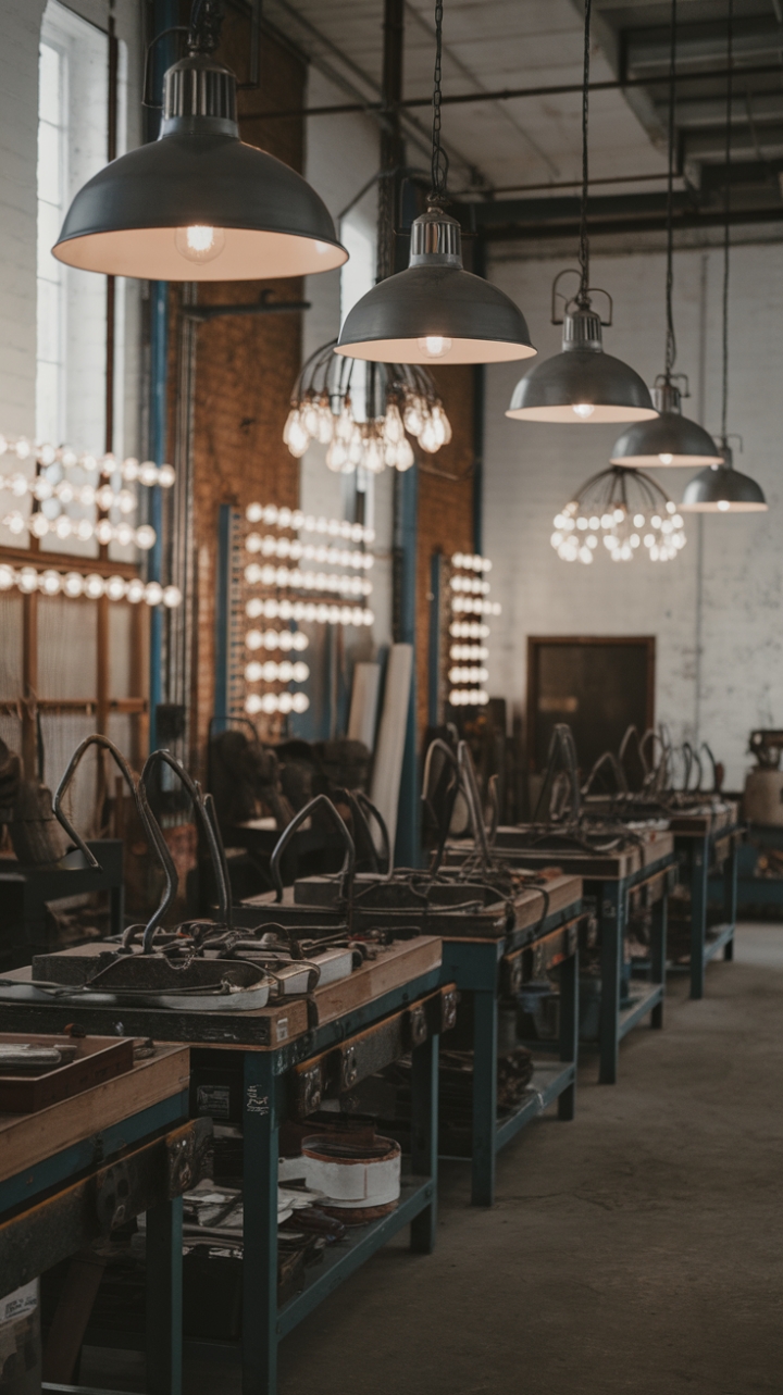 Raw, refined, and ready to inspire. This vintage industrial space marries the grit of exposed concrete and vintage tools with the brilliance of handcrafted metal pendant lights and bold industrial chandeliers. The light pours in, illuminating a workspace both functional and breathtakingly stylish.