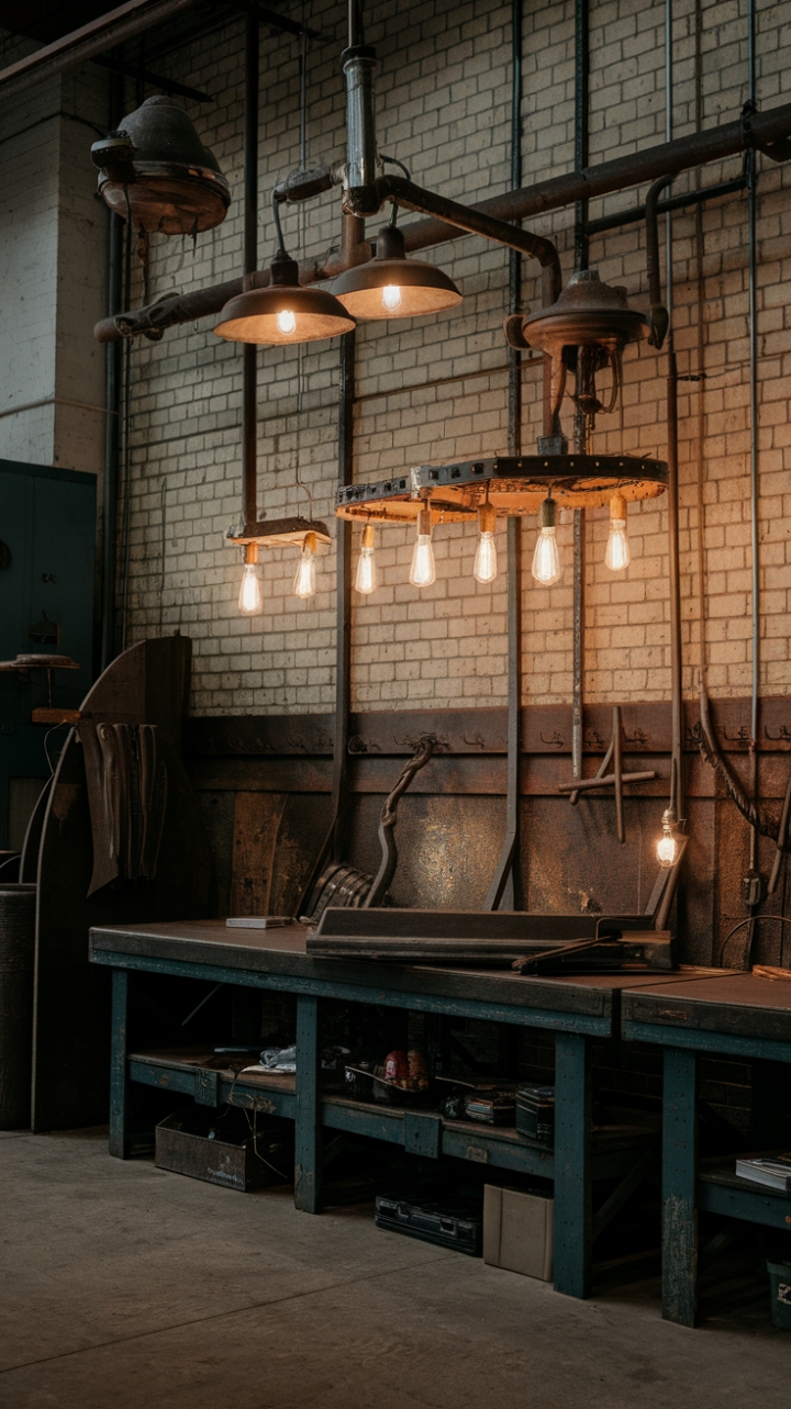 Unleash your inner artisan in this breathtaking factory-chic haven. Vintage pendant lights dance above a sturdy workbench, their warm glow illuminating the raw brick walls and rusted metal accents. The space hums with a palpable energy, a perfect blend of vintage charm and industrial grit, ready to inspire creativity and ignite the imagination.