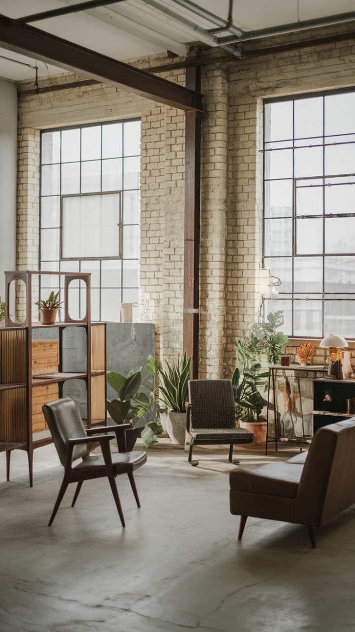 Imagine unwinding in this haven of contrasting textures and styles. Vintage furniture pieces, thoughtfully placed amidst the raw materials of the loft, create a space that's both lived-in and impeccably stylish. The large window, framed in metal, floods the room with natural light, highlighting the unique character of this captivating home.