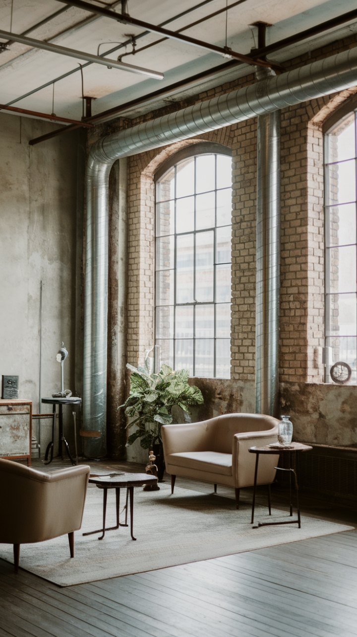 Ready to rediscover urban chic? This industrial loft's raw brick walls and soaring ceilings create a dramatic backdrop for vintage finds and minimalist design, where a plush couch, statement chair, and carefully chosen accents tell a story of lived-in luxury. The large window floods the space with natural light, highlighting the rich textures and warm wood floors.