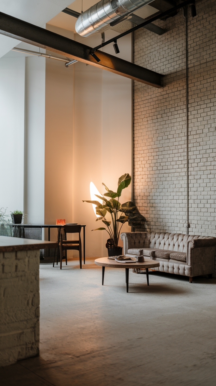Imagine cozy evenings in this high-ceilinged haven. Raw materials and vintage finds blend seamlessly, creating a space that's both sophisticated and lived-in. The exposed brick wall adds character, while the modern lighting casts a warm glow, perfect for unwinding after a long day.