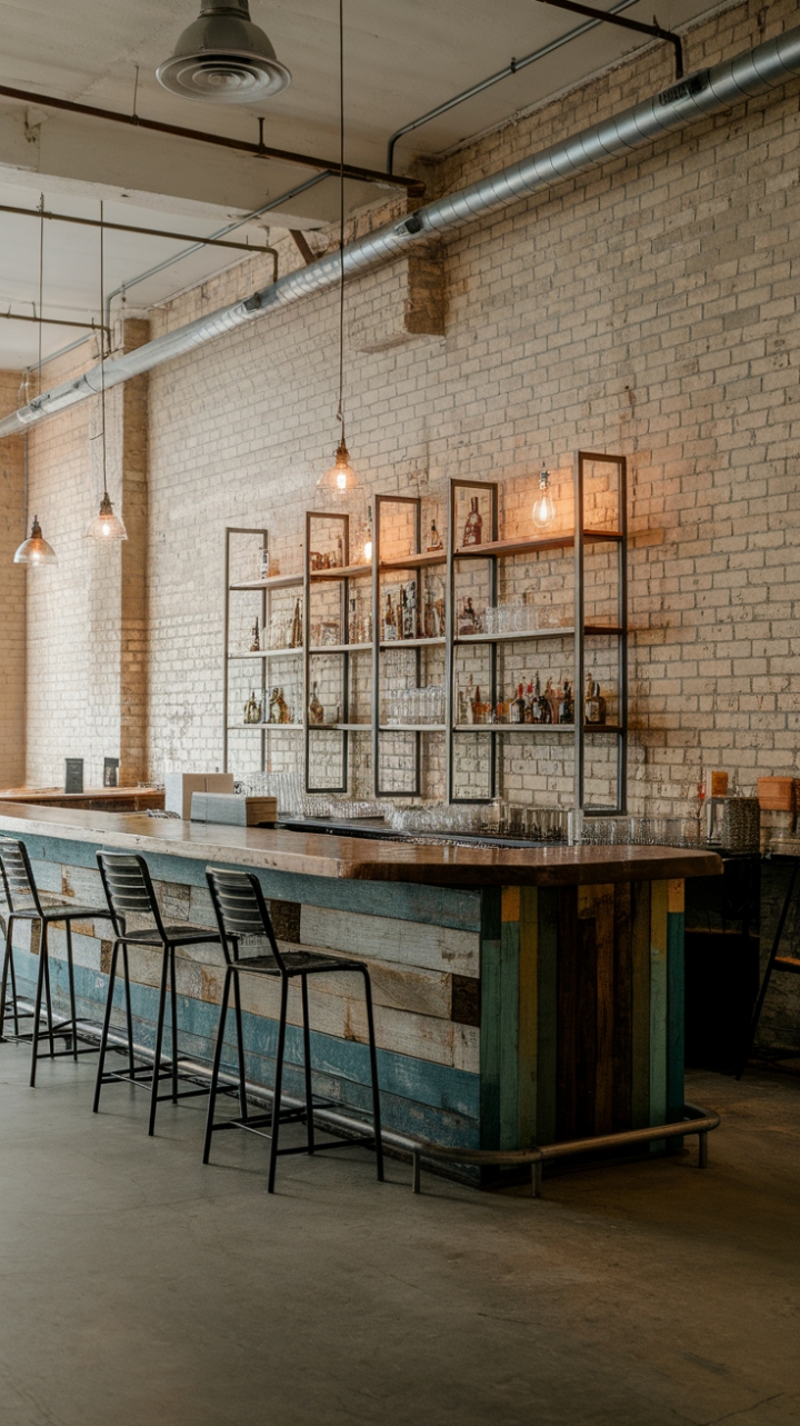 Ready to transform your space into an urban oasis? This industrial-chic bar, crafted from reclaimed wood and accented with raw metal, is the perfect blend of rustic charm and minimalist cool. The exposed brick wall and concrete floors add an authentic factory vibe, while vintage lighting casts a warm glow, creating an inviting atmosphere perfect for entertaining.