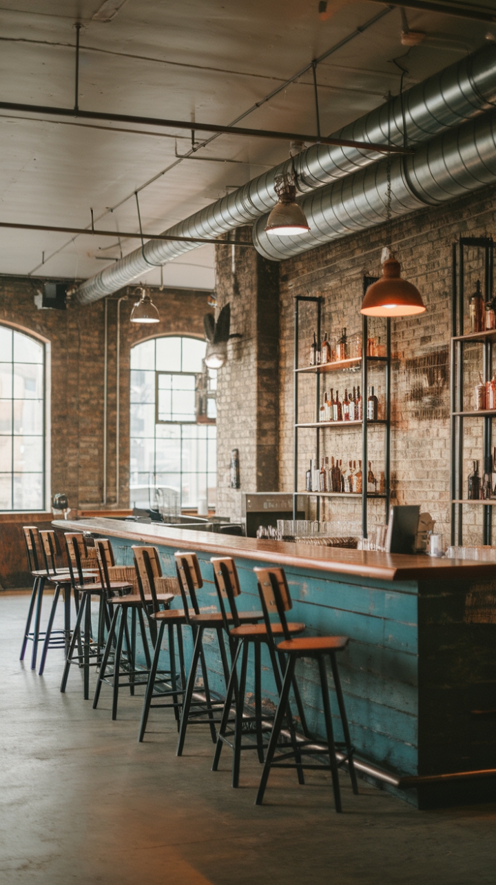Ready to trade your tired Tuesday for a Tuesday night in this urban oasis? This minimalist industrial bar, crafted from reclaimed wood and accented with vintage lighting, is the perfect blend of raw and refined. Exposed brick and metal fixtures complete the look, creating a space that's both stylish and surprisingly cozy.