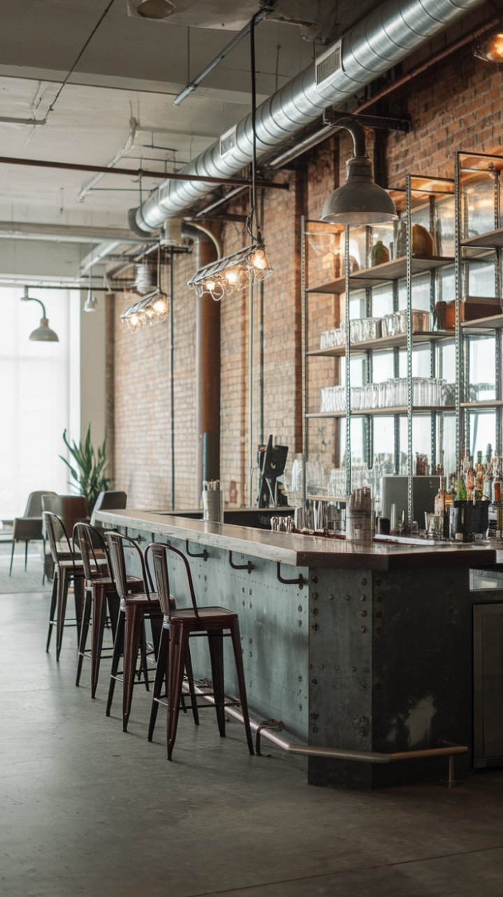 Craving a cocktail with a side of cool? This industrial-style bar is the ultimate blend of raw and refined. Metal fixtures gleam against the backdrop of exposed brick, while a reclaimed wood shelf adds a touch of rustic charm. The minimalist aesthetic is both striking and inviting, making it the perfect spot for entertaining or unwinding after a long day. The concrete floor and subtle pops of greenery complete the effortlessly stylish loft feel.