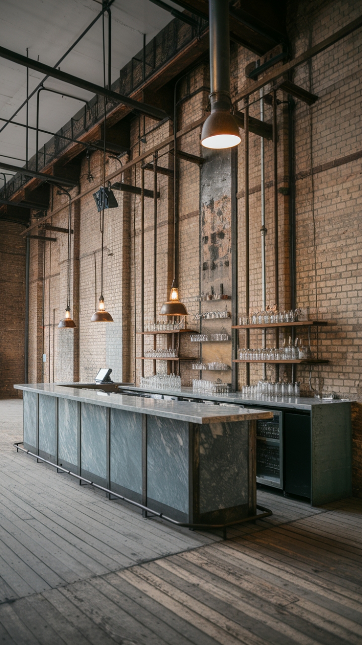 Craving a home bar that's as striking as it is functional? Look no further! This loft-style haven features a long marble bar against a raw brick wall, perfectly complemented by industrial metal fixtures and vintage lighting. The reclaimed wood flooring adds a touch of rustic charm, making it the ultimate blend of urban grit and refined elegance.
