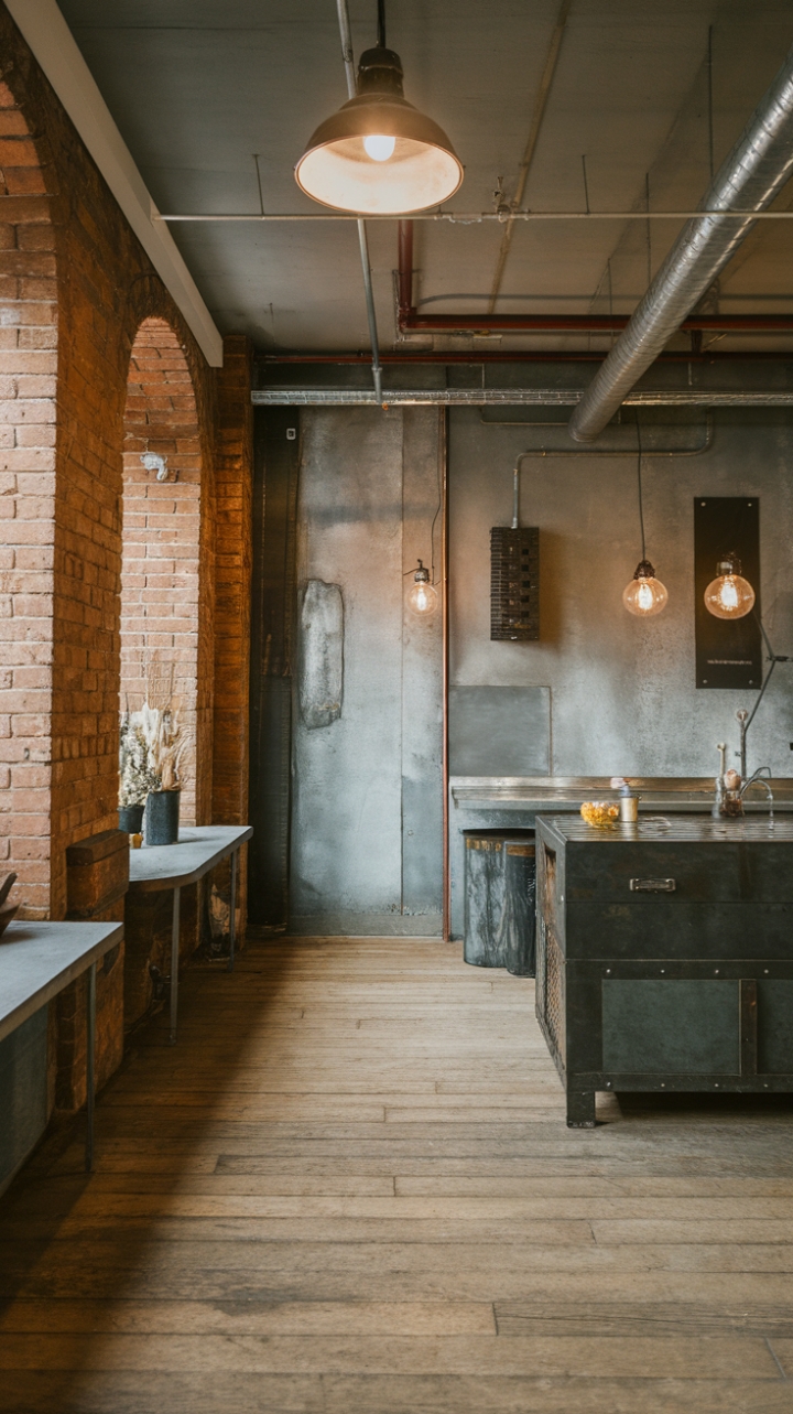 Concrete canyons meet cozy comfort. This modern industrial loft masterfully balances raw textures—exposed brick, metal accents, and concrete floors—with a minimalist aesthetic and vintage lighting, resulting in a space that's both edgy and inviting.