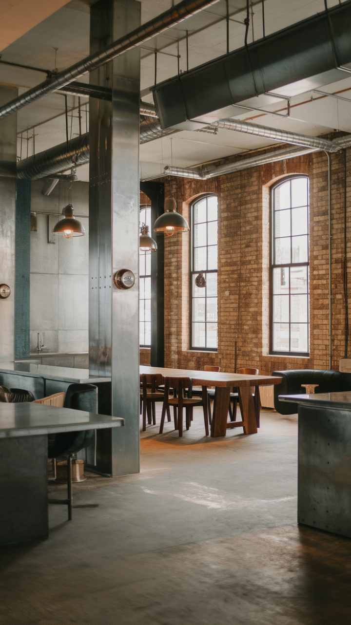 Raw urban grit meets refined minimalism in this breathtaking loft. Exposed brick, concrete floors, and industrial lighting create a dramatic backdrop for a sleek wooden dining table, showcasing the perfect blend of textures and styles.