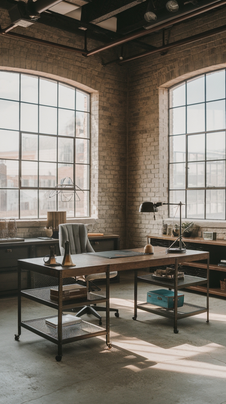Ready to transform your workspace? Imagine soaring ceilings, raw brick walls whispering tales of industrial chic, and sun-drenched natural light illuminating a haven of creativity. This loft office, anchored by a substantial wooden desk and complemented by vintage-inspired metal accents, is the epitome of modern functionality and timeless style. The comfortable chair invites you to linger, while the concrete floor grounds the space in raw, urban beauty.