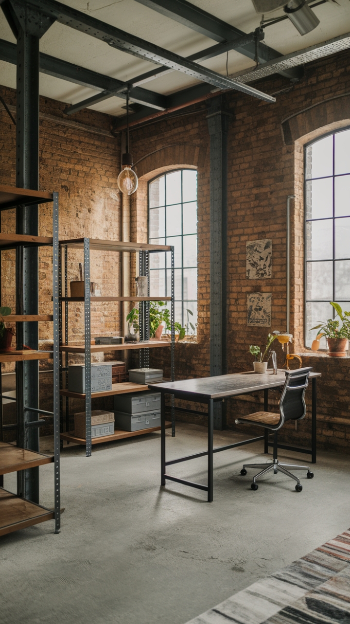 Craving a workspace that's as inspiring as it is functional? This industrial-chic loft boasts exposed brick, metal beams, and a concrete floor, creating a backdrop of raw, urban texture. A simple wooden desk, metal shelving, and a comfortable chair provide the perfect blend of form and function, while carefully chosen artwork and greenery add personality and warmth. Prepare to be captivated by this design's unique blend of ruggedness and refinement.
