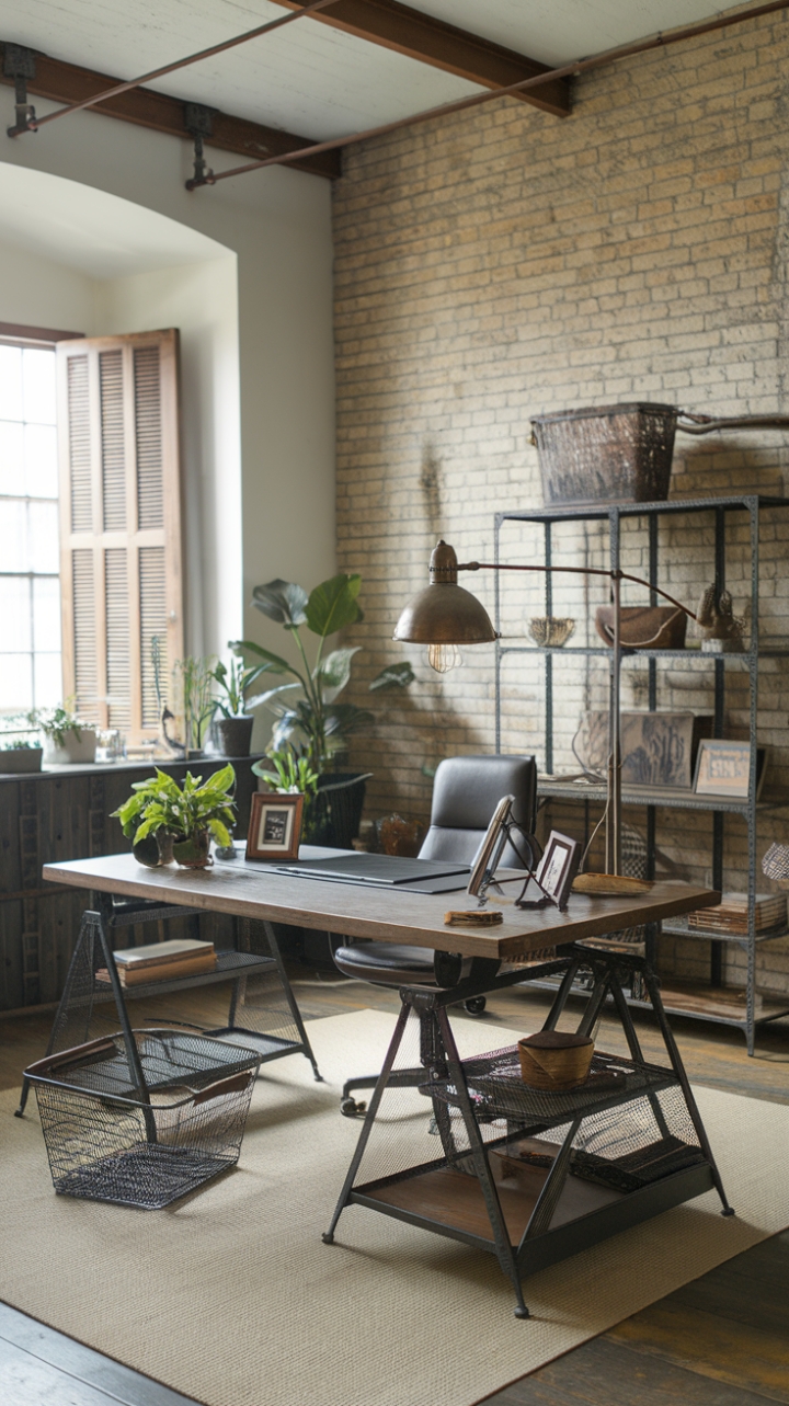 Unleash your inner architect in this raw, refined industrial loft office. Exposed brick whispers history, while a sleek metal desk and vintage lighting create a workspace that's both inspiring and undeniably cool. The perfect blend of rustic charm and modern functionality.