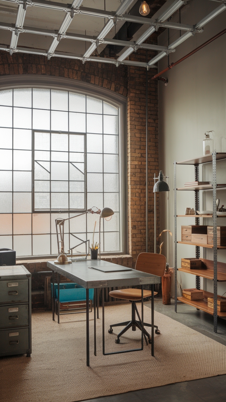 Loft living gets a sophisticated upgrade. This urban sanctuary seamlessly blends raw industrial elements—exposed brick, a metal desk, and a grid of statement lights—with warm wood accents and a plush rug, creating a workspace that's both stylish and functional. The frosted glass window adds a touch of privacy while maximizing natural light.