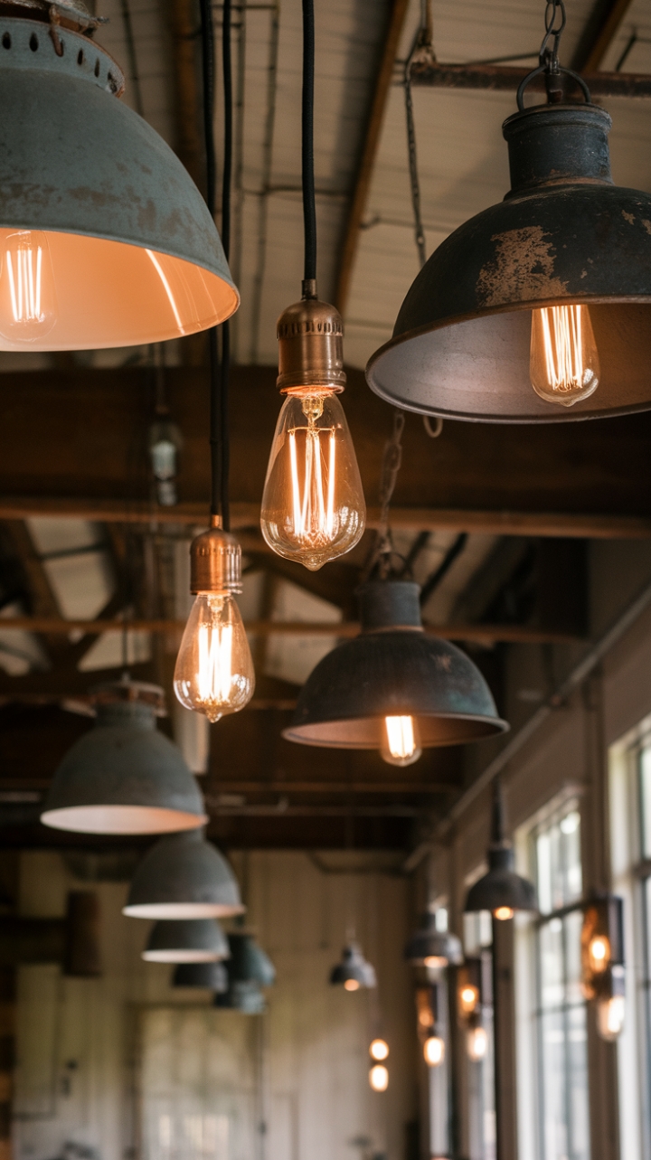 Ready to fall in love with a space where rustic charm meets industrial edge? Vintage pendant lights, a farmhouse chandelier, and reclaimed metal lamps cast a warm, inviting glow, transforming this farmhouse into a haven of character and style. The antique industrial bulbs add a touch of history, creating an atmosphere perfect for cozy evenings and unforgettable gatherings.