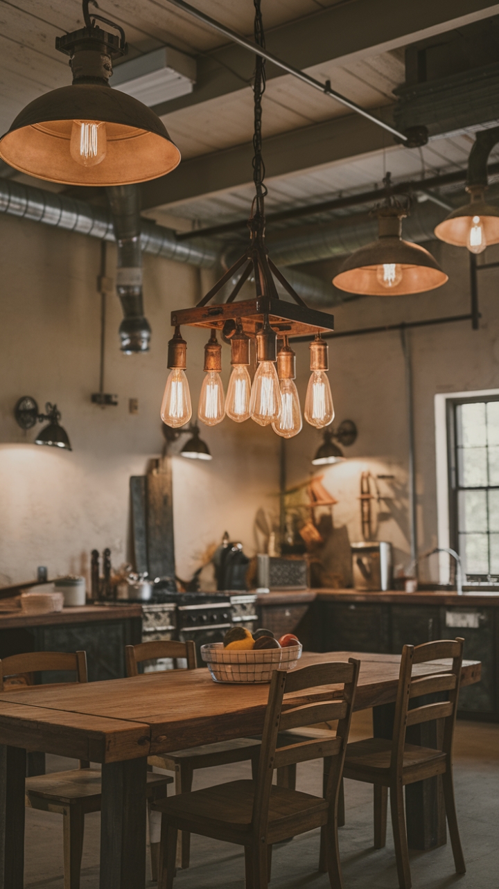 Rustic charm meets industrial edge in this heartwarming kitchen. A magnificent farmhouse chandelier casts a warm glow over a weathered wooden table, setting the scene for countless cozy gatherings. Distressed metal sconces and warehouse-style lighting add a touch of gritty sophistication, creating an ambiance that's both inviting and undeniably stylish.