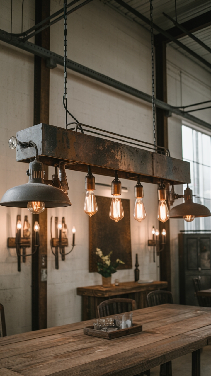 Raw industrial style meets farmhouse coziness in this breathtaking dining area. A colossal vintage pendant light, crafted from reclaimed metal and boasting antique bulbs, commands attention above a rustic wooden table. Wall-mounted sconces in matching distressed metal complete the look, creating a dramatic yet inviting ambiance under the soaring ceilings.