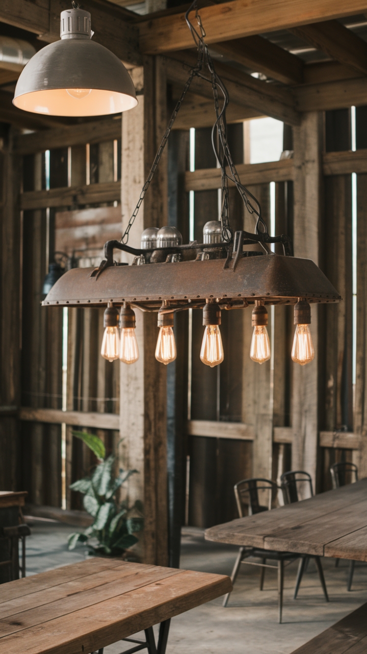 Rustic charm meets industrial edge in this breathtaking farmhouse setting. Reclaimed metal fixtures cast a warm glow on a weathered wood table, while a distressed metal sconce adds a touch of vintage grit. The interplay of textures—from exposed wooden beams to the cool concrete floor—creates a space that's both inviting and undeniably stylish.