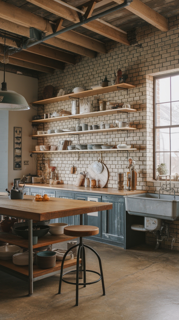 Imagine waking up to this: a sun-drenched kitchen where the warmth of reclaimed wood meets the cool texture of exposed brick. High ceilings and a vintage industrial sink add character, while the spacious island provides the perfect gathering spot. This isn't just a kitchen; it's a statement of unique style and timeless appeal.