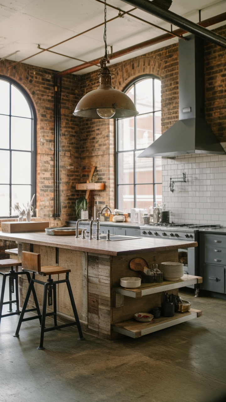 Reclaimed wood beams and exposed brick create a captivating backdrop for this industrial farmhouse kitchen, where a generous island anchors the space, its aged wood surface a perfect complement to the sleek concrete floor and vintage pendant lighting. The blend of rustic charm and modern functionality is simply breathtaking.