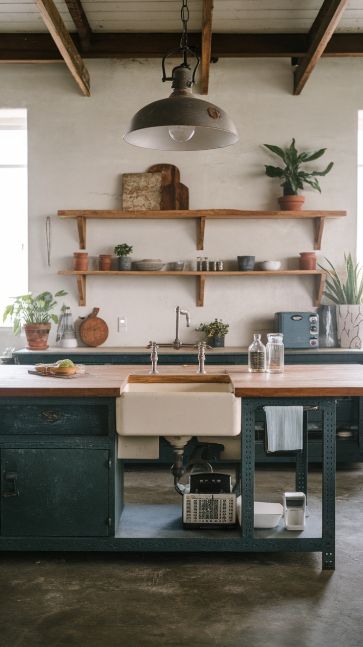 Rustic charm meets industrial edge in this dream kitchen. A vintage sink anchors a generous wooden island, while exposed shelving and a statement light fixture add character to the concrete-floored space. Potted plants bring a touch of life to this beautifully balanced design.