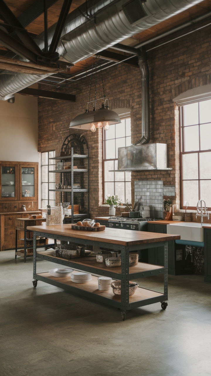 Ready to fall in love with the perfect blend of rustic charm and industrial edge? This open-concept kitchen boasts exposed brick walls, a reclaimed wood island topped with a vintage industrial pendant, and a concrete floor that speaks volumes of character. The mix of textures and finishes—from the aged wood cabinetry to the sleek metal shelving—creates a space that's both lived-in and utterly stylish.