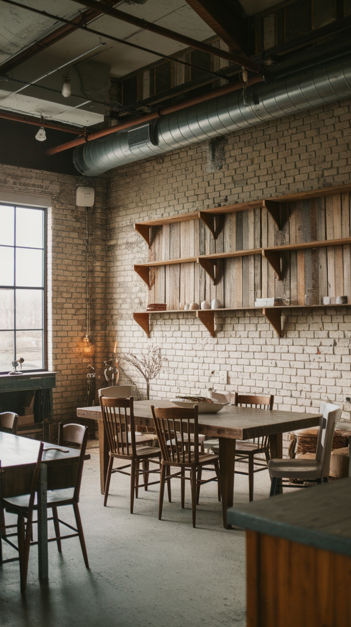 Imagine cozy evenings spent around this vintage wooden dining table, bathed in the warm glow of industrial pendants. The exposed brick walls and reclaimed wood shelving tell a story of rustic charm and enduring style, creating a dining area that's as captivating as it is comfortable—a true reflection of industrial farmhouse living at its finest.