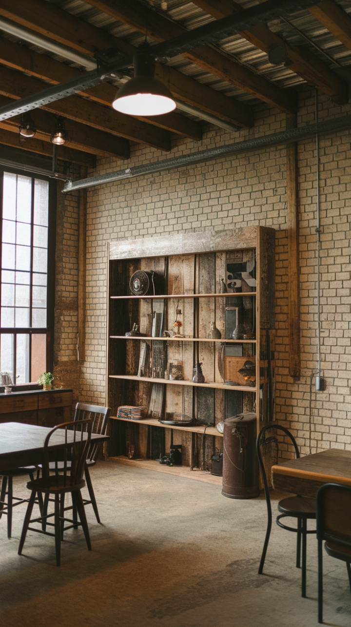 Ready to fall in love with rustic-industrial charm? This stunning space boasts exposed brick walls, reclaimed wood shelving showcasing vintage finds, and a weathered wooden table setting the scene. The concrete floors and industrial lighting add a touch of raw, urban cool, while the wooden beams overhead create a cozy, farmhouse feel. A perfect blend of textures and styles!