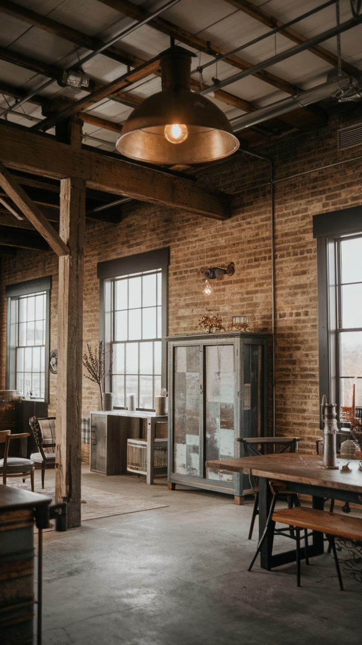 Imagine cozy evenings spent in this stunning industrial farmhouse. Reclaimed wood and exposed brick walls whisper tales of history, complemented by vintage furniture and a magnificent industrial light fixture. The concrete floor adds a touch of modern grit, creating a space that's both inviting and utterly unique.