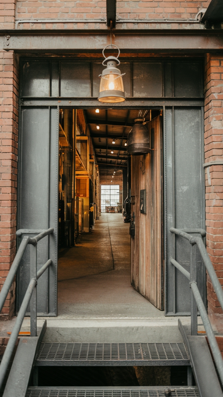 Ready to trade cookie-cutter charm for raw, urban cool? This industrial entryway, a symphony of brick, metal, and reclaimed wood, sets the stage for a home that's as individual as you are. The aged brick wall, a hanging lantern casting a warm glow, and a sturdy wooden door whisper tales of a bygone era, while the concrete floor and glimpse of a factory hallway beyond add a distinctly modern edge.