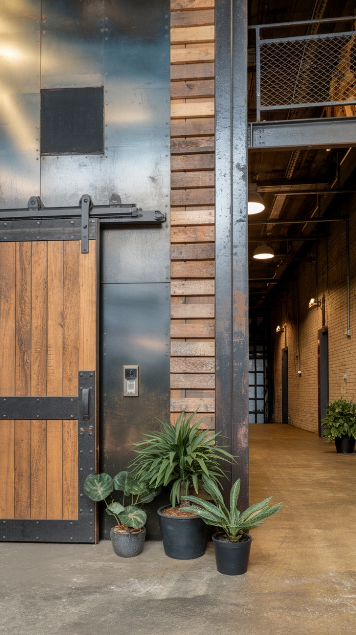 Imagine arriving home to this: a textured haven where exposed brick whispers stories of the past, while modern metallic accents and the warmth of wood create a present-day masterpiece. The concrete floor grounds the space, a perfect canvas for your unique style to shine. A glimpse of the industrial hallway beyond promises even more captivating design moments.
