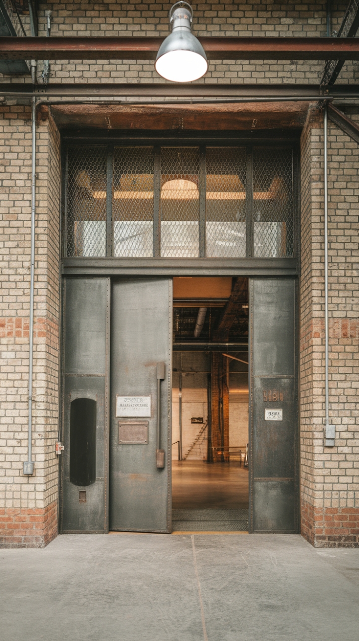 Ready to rethink industrial chic? This raw-material haven, with its steel door, exposed brick, and metallic accents, isn't just a factory entrance—it's a statement. The concrete floor, warehouse backdrop, and loft foyer hint at a space brimming with unexpected charm and character.