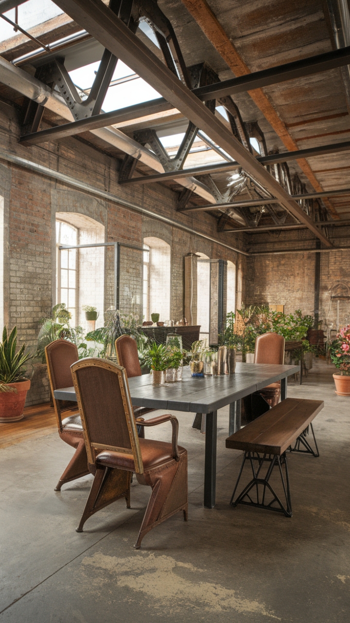 Raw, refined, and utterly captivating. This industrial loft dining space marries exposed brick and metal beams with vintage charm, creating a haven of rustic-chic sophistication. The interplay of wood, metal, and concrete textures, punctuated by lush greenery, is a masterclass in urban elegance.