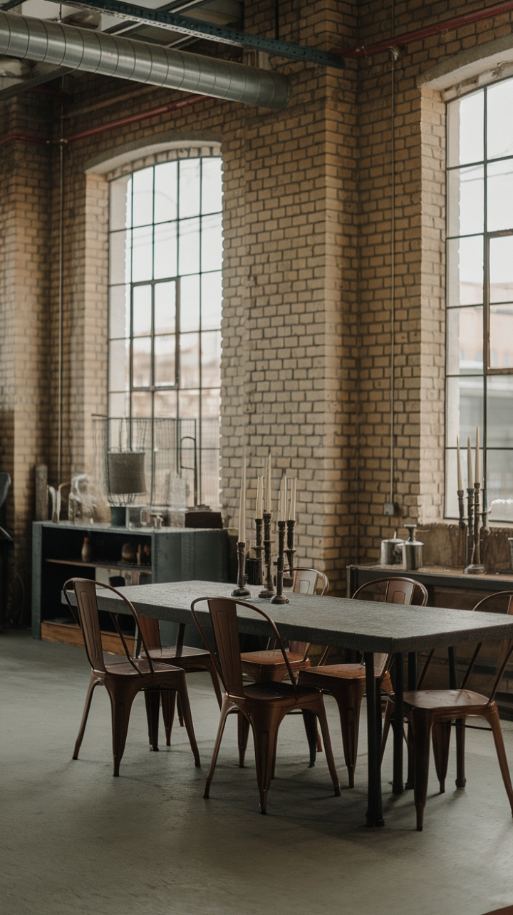 Raw urban grit meets refined industrial chic in this loft dining space. Exposed brick, vintage metal accents, and repurposed pipes create a dramatic backdrop for unforgettable gatherings. The warehouse aesthetic is softened by thoughtfully chosen textures and a touch of vintage charm, proving that industrial design can be both stylish and inviting.