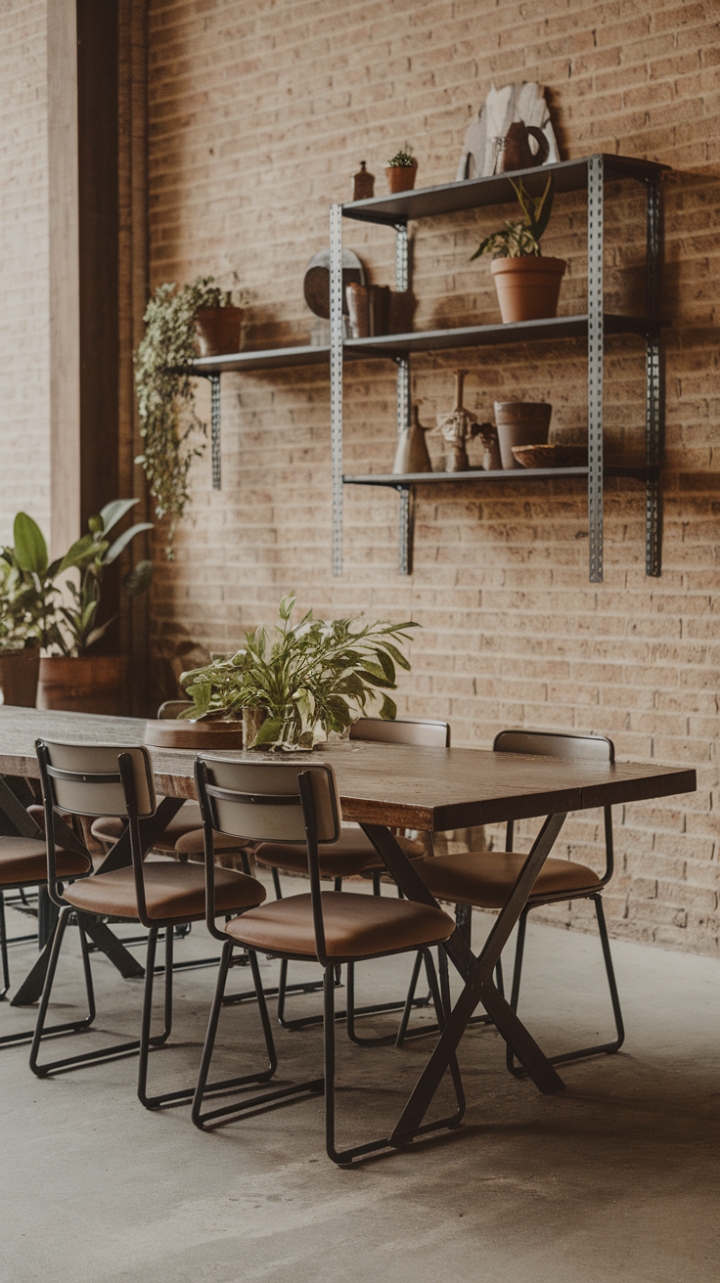 Craving a dining experience with character? This vintage industrial loft boasts exposed brick, a reclaimed wood table, and a collection of stylish metal chairs, all set against a cool concrete floor. Metal shelving displays a curated collection of plants and decorative accents, adding layers of texture and personality to this uniquely captivating space. Prepare to be inspired.